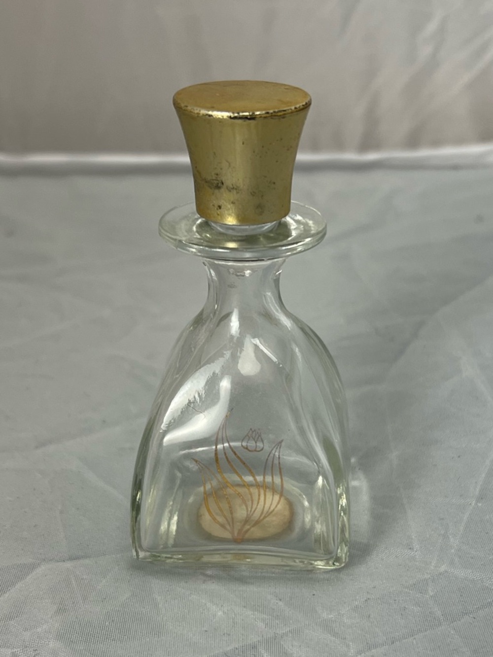 Vintage Clear Glass Perfume Bottle with‎ Gold Stopper and Floral Motif
